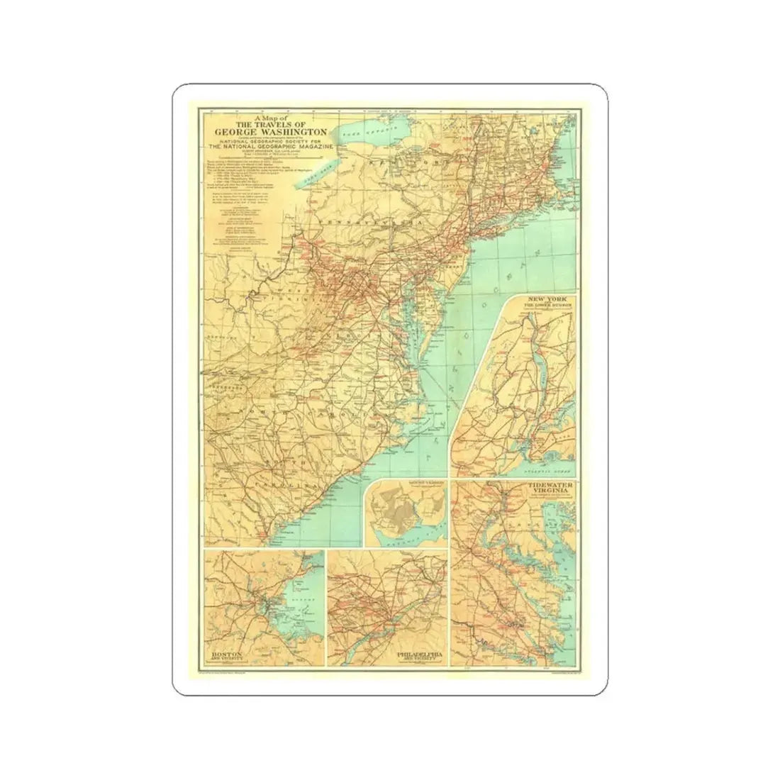 USA - Travels of George Washington (1932) (Map) STICKER Vinyl Kiss-Cut Decal 3 Inch White - The Sticker Space