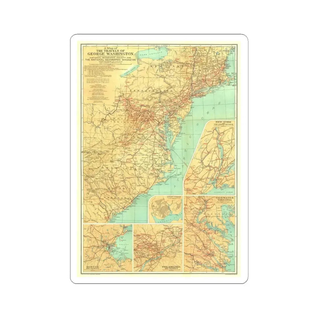 USA - Travels of George Washington (1932) (Map) STICKER Vinyl Kiss-Cut Decal 4 Inch White - The Sticker Space