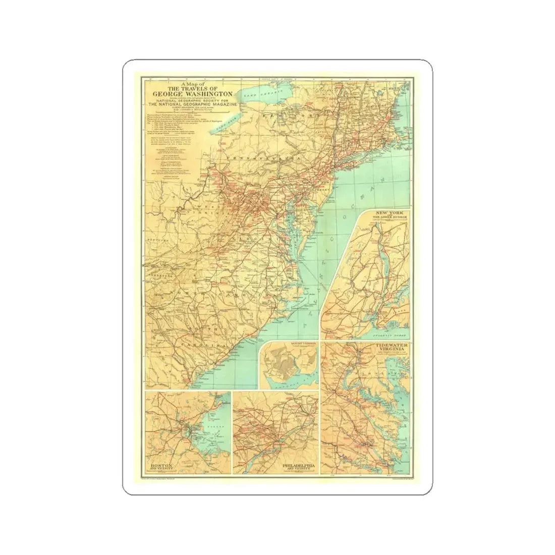 USA - Travels of George Washington (1932) (Map) STICKER Vinyl Kiss-Cut Decal 6 Inch White - The Sticker Space