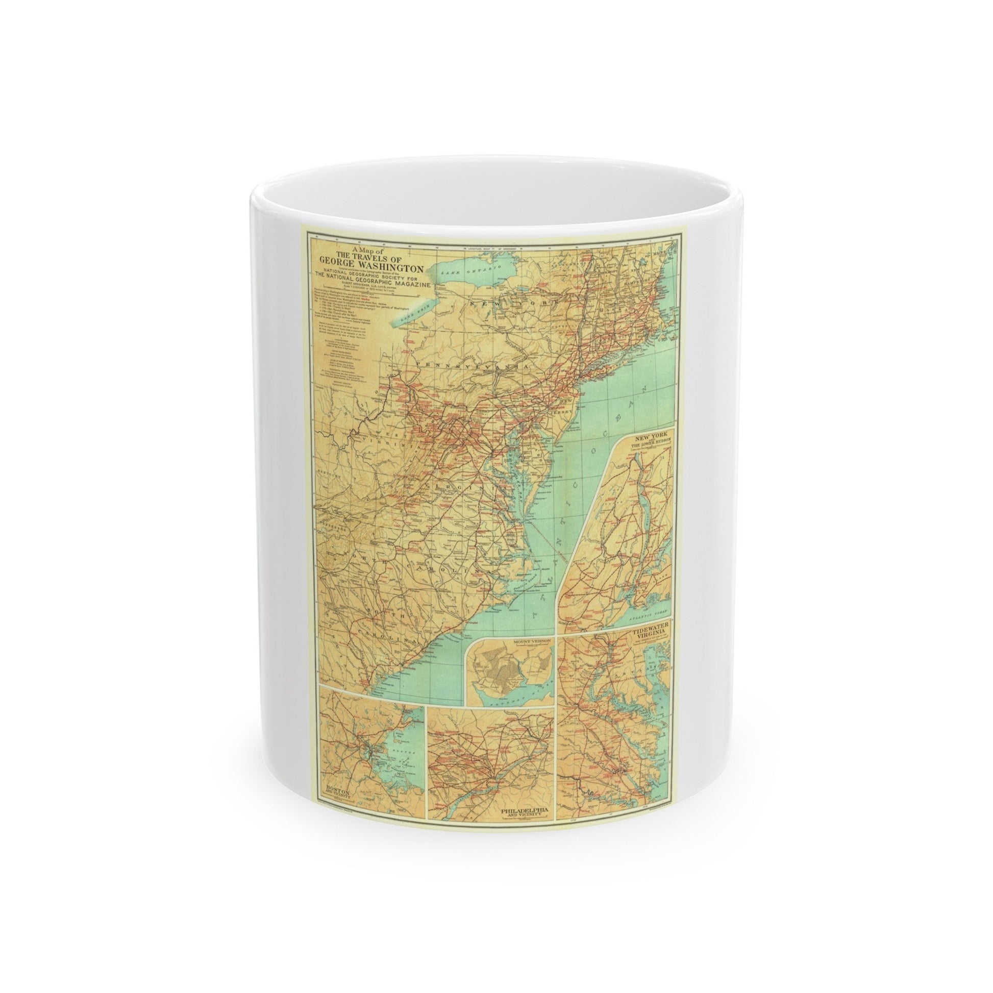 USA - Travels of George Washington (1932) (Map) White Coffee Mug-11oz-The Sticker Space