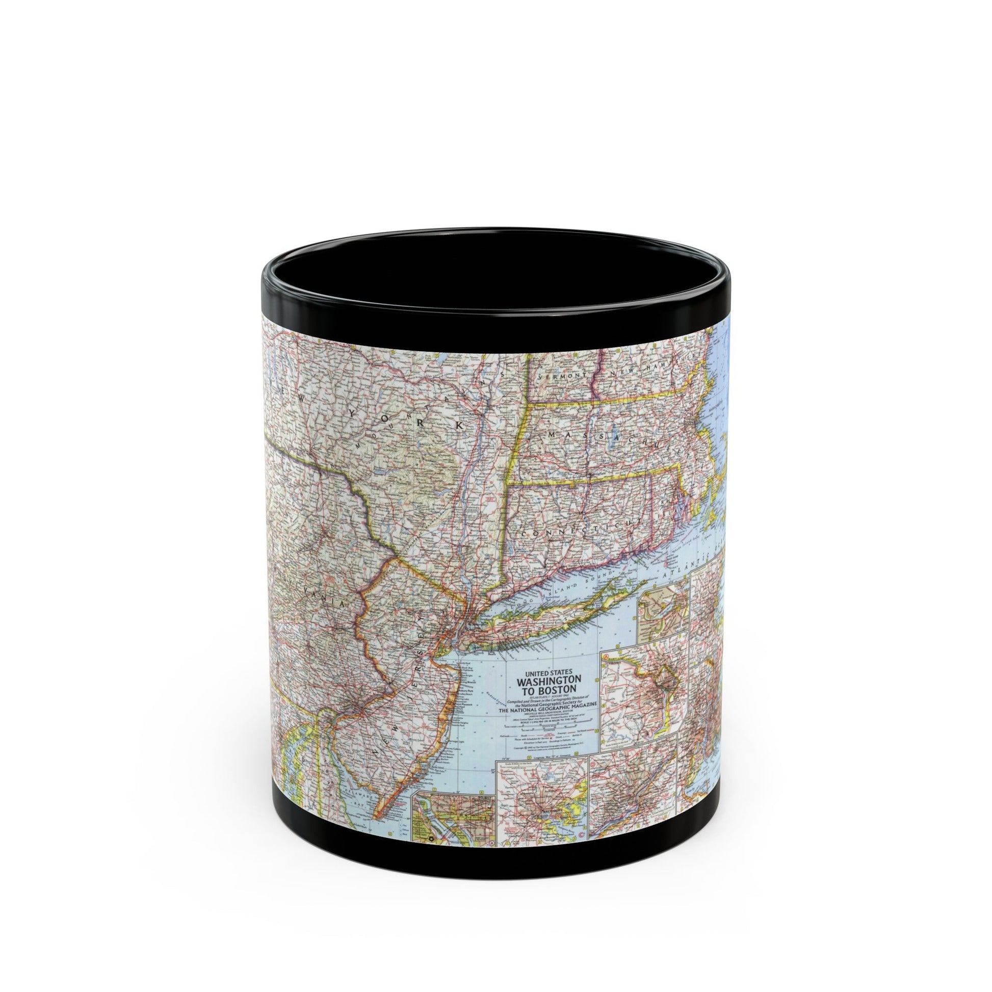 USA - Washington to Boston (1962) (Map) Black Coffee Mug-11oz-The Sticker Space