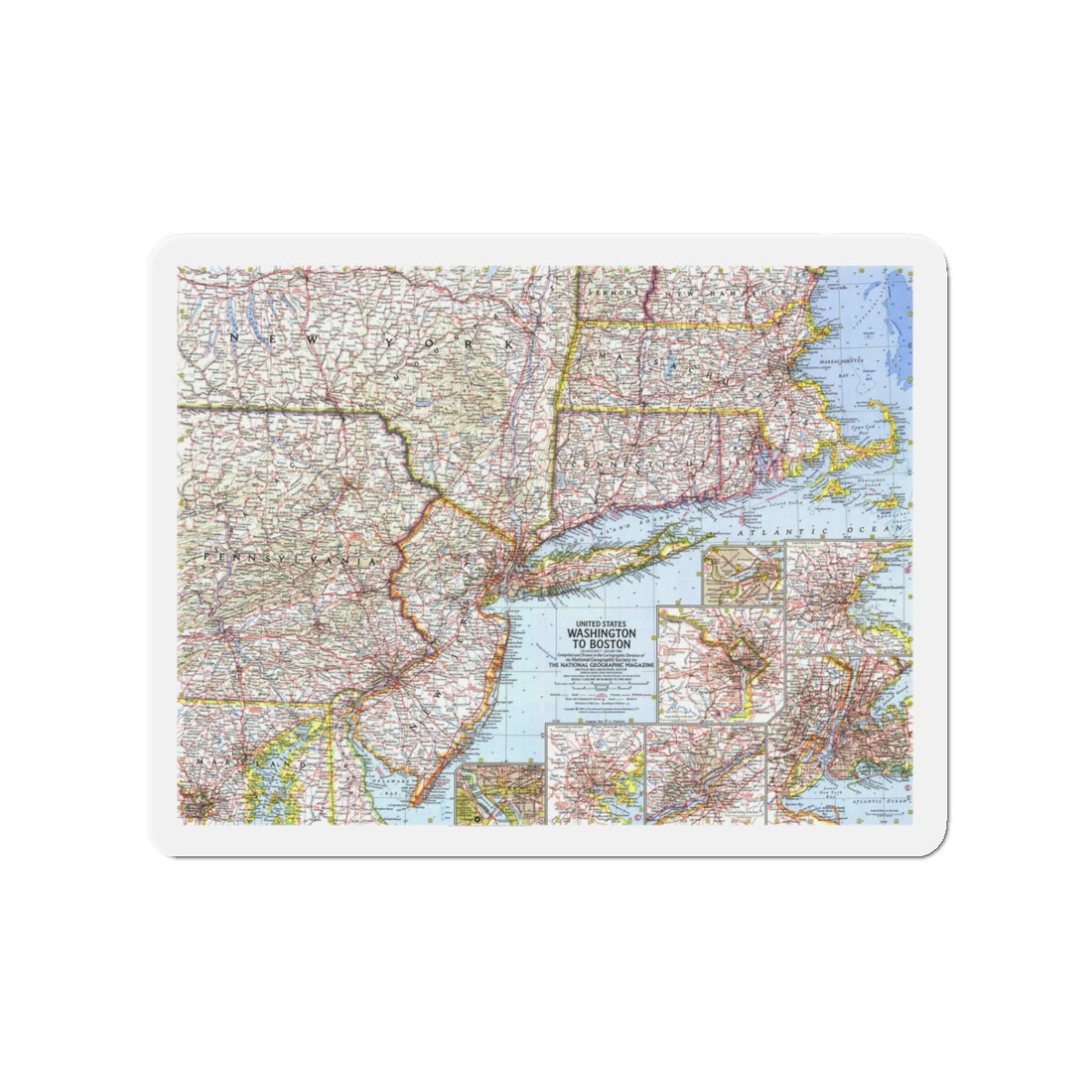 USA - Washington to Boston (1962) (Map) Refrigerator Magnet-3" x 3"-The Sticker Space