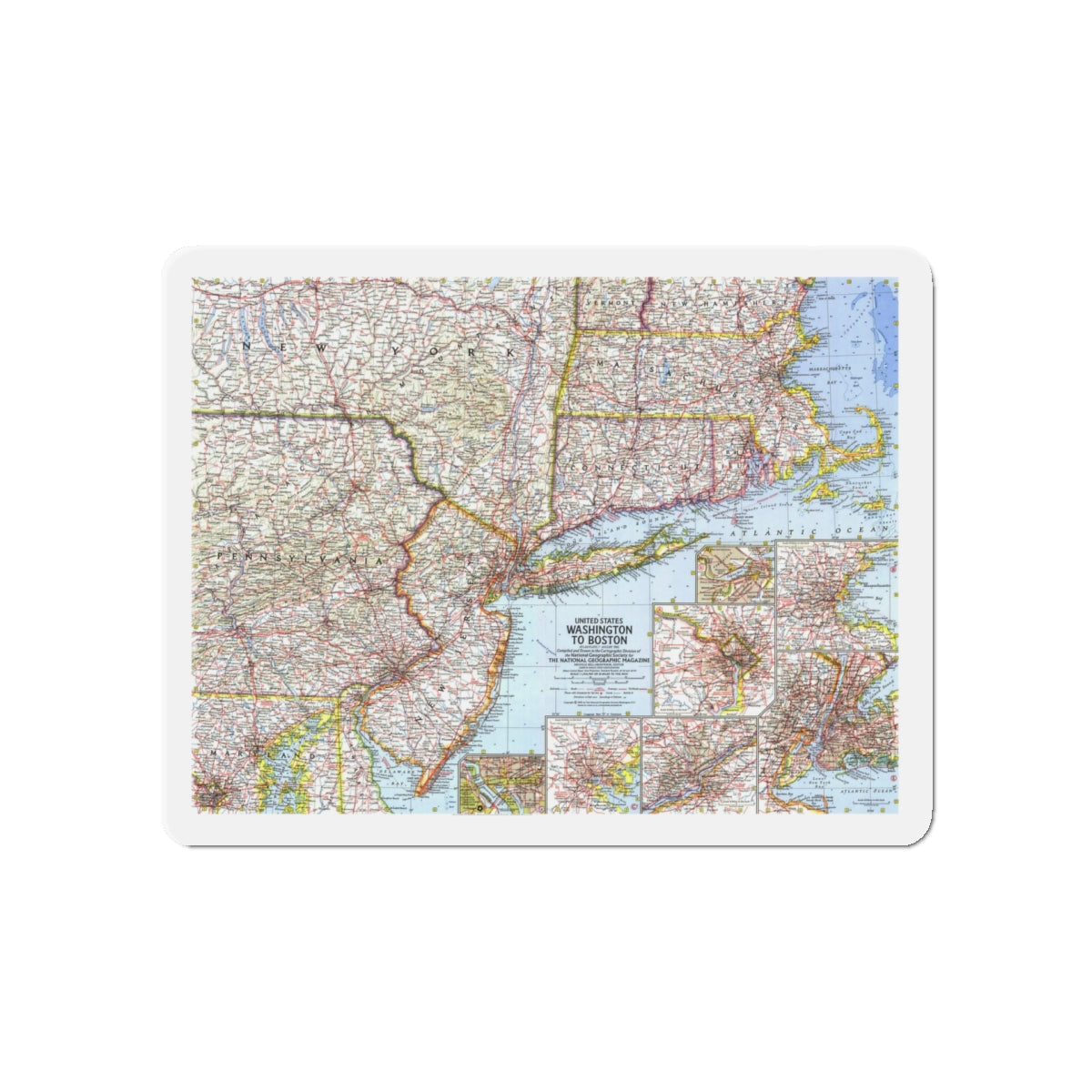 USA - Washington to Boston (1962) (Map) Refrigerator Magnet-5" x 5"-The Sticker Space