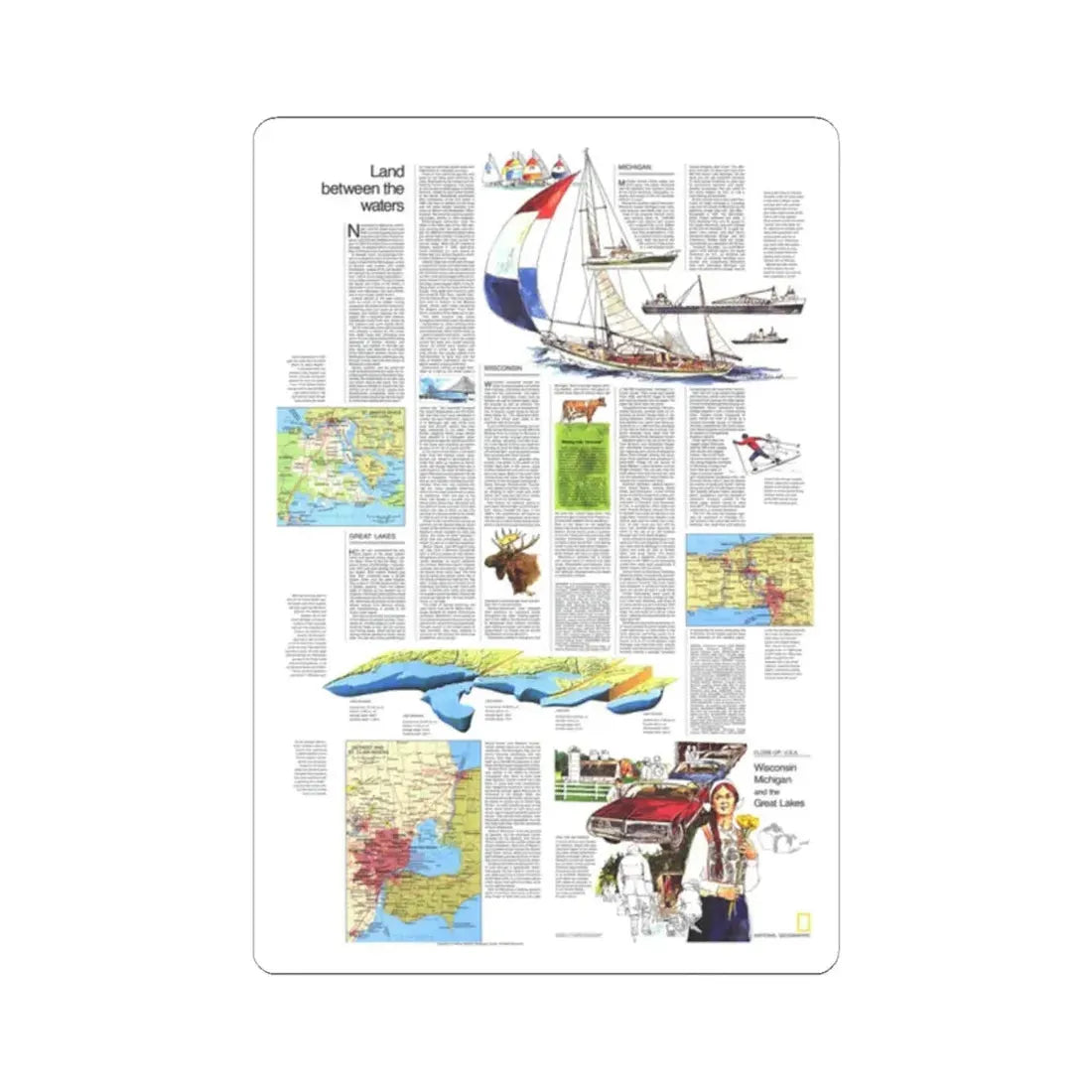 USA - Wisconsin, Michigan ,Great Lakes 2 (1973) (Map) STICKER Vinyl Kiss-Cut Decal 2 Inch White - The Sticker Space