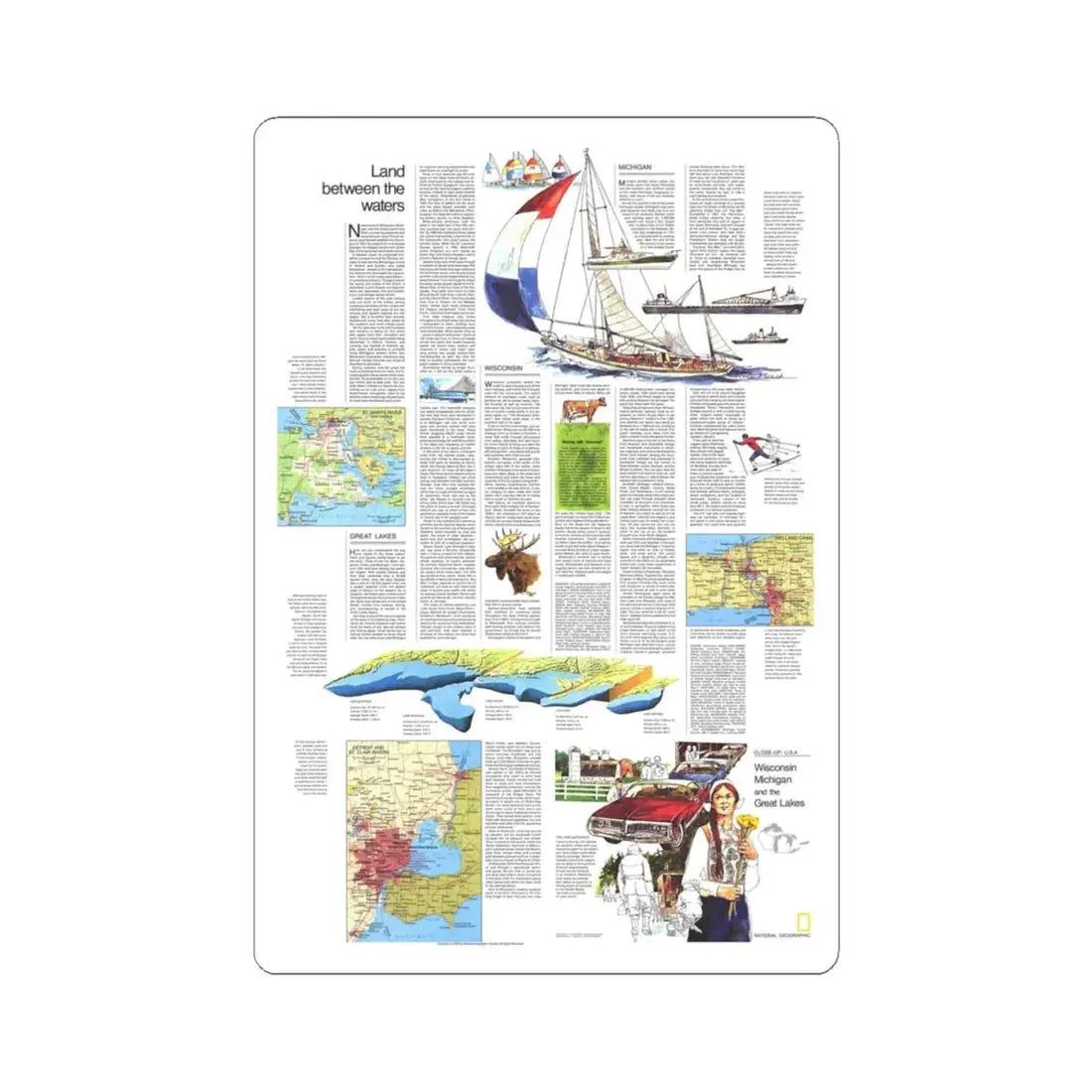 USA - Wisconsin, Michigan ,Great Lakes 2 (1973) (Map) STICKER Vinyl Kiss-Cut Decal 4 Inch White - The Sticker Space