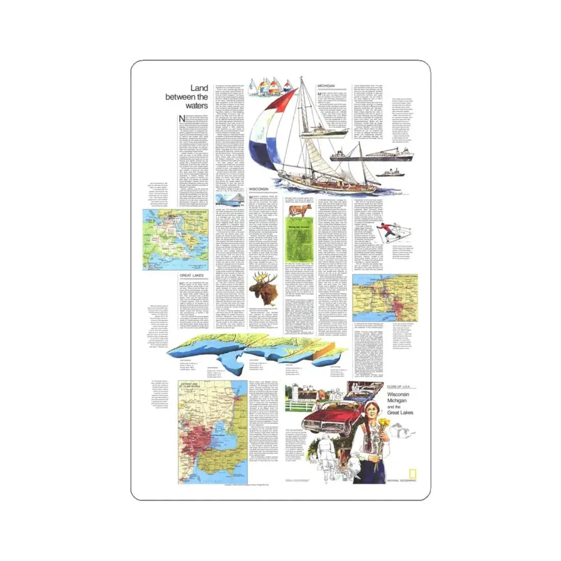 USA - Wisconsin, Michigan ,Great Lakes 2 (1973) (Map) STICKER Vinyl Kiss-Cut Decal 6 Inch White - The Sticker Space