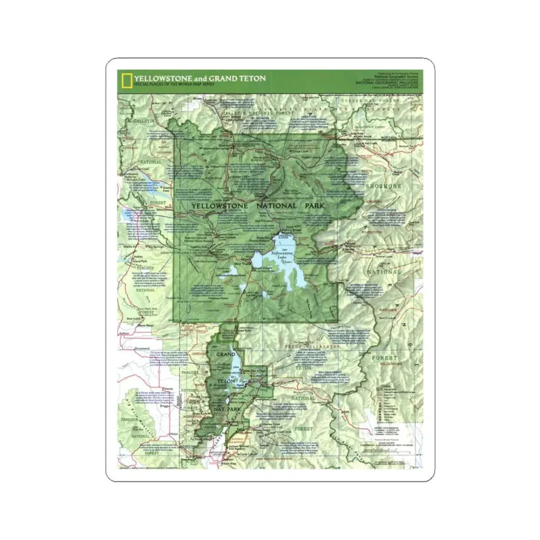 USA - Yellowstone and Grand Teton 1 1989) (Map) STICKER Vinyl Kiss-Cut Decal 3 Inch White - The Sticker Space