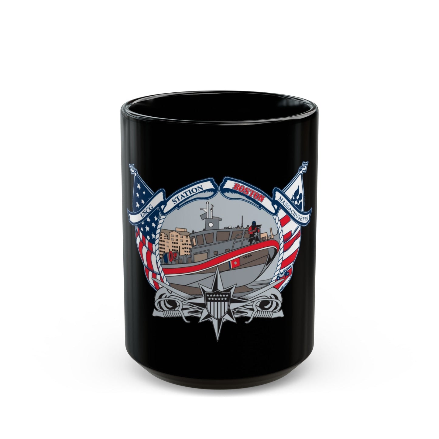 USCG Station Boston (U.S. Coast Guard) Black Coffee Mug-15oz-The Sticker Space