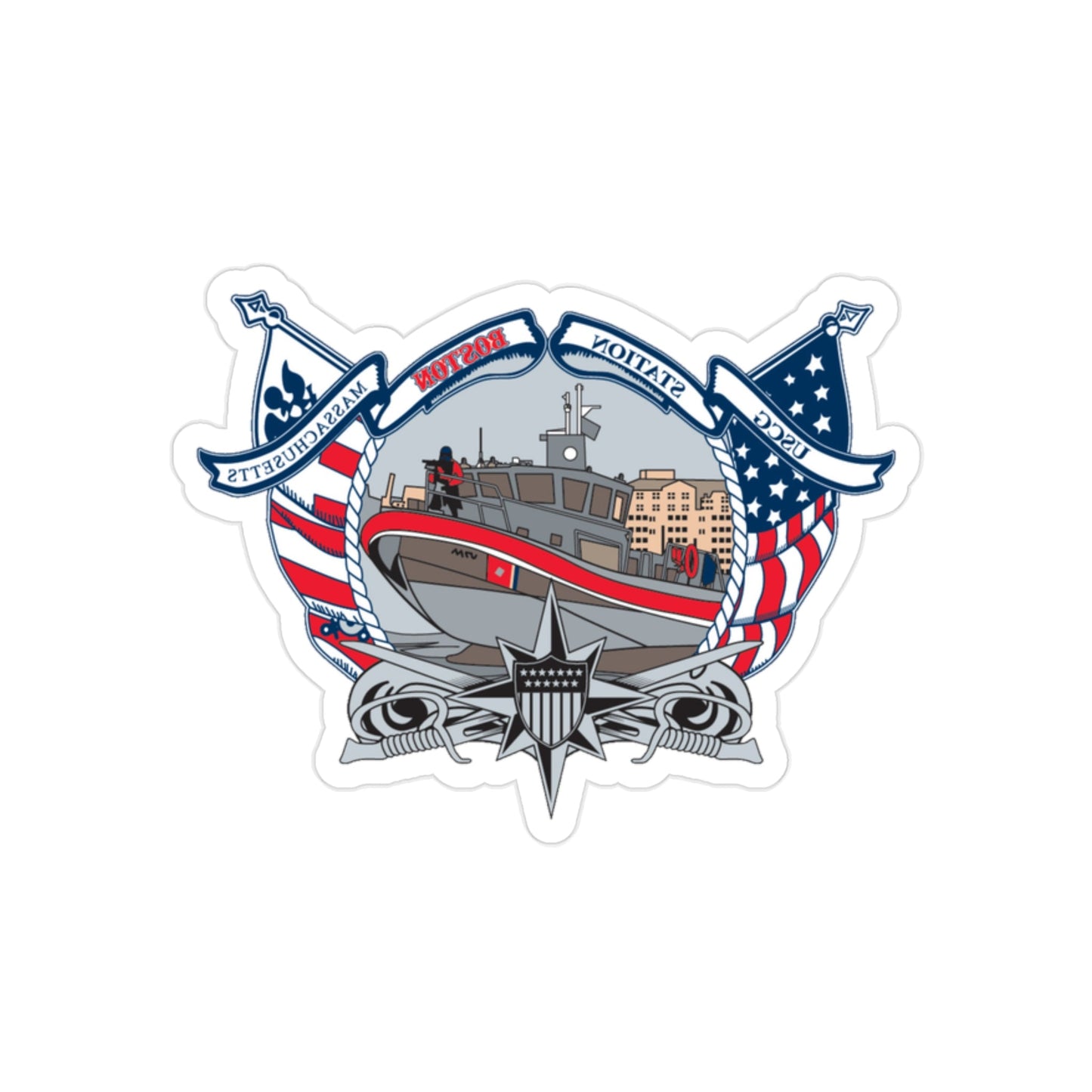 USCG Station Boston (U.S. Coast Guard) REVERSE PRINT Transparent STICKER-2" × 2"-The Sticker Space