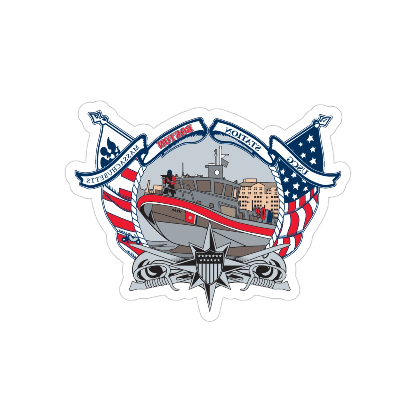 USCG Station Boston (U.S. Coast Guard) REVERSE PRINT Transparent STICKER-3" × 3"-The Sticker Space