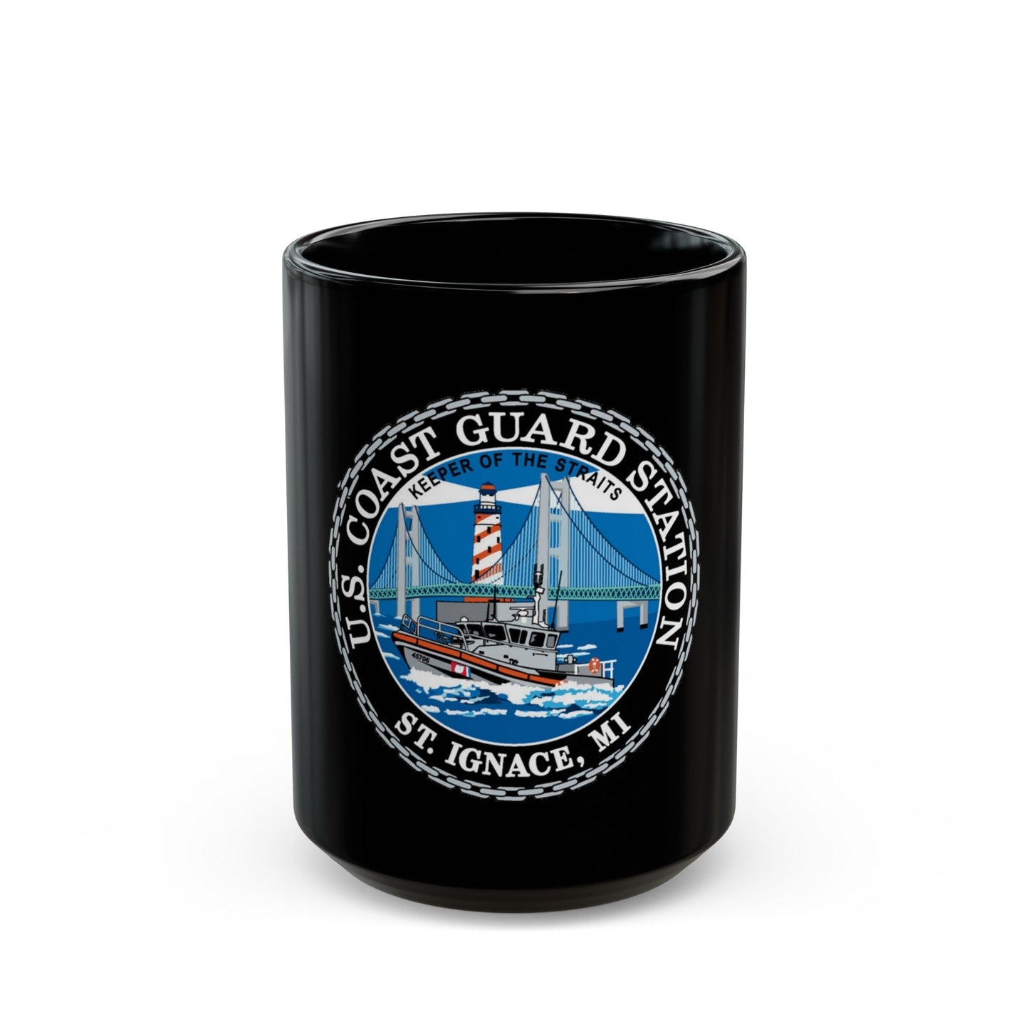 USCG Station St Ignace MI (U.S. Coast Guard) Black Coffee Mug-15oz-The Sticker Space