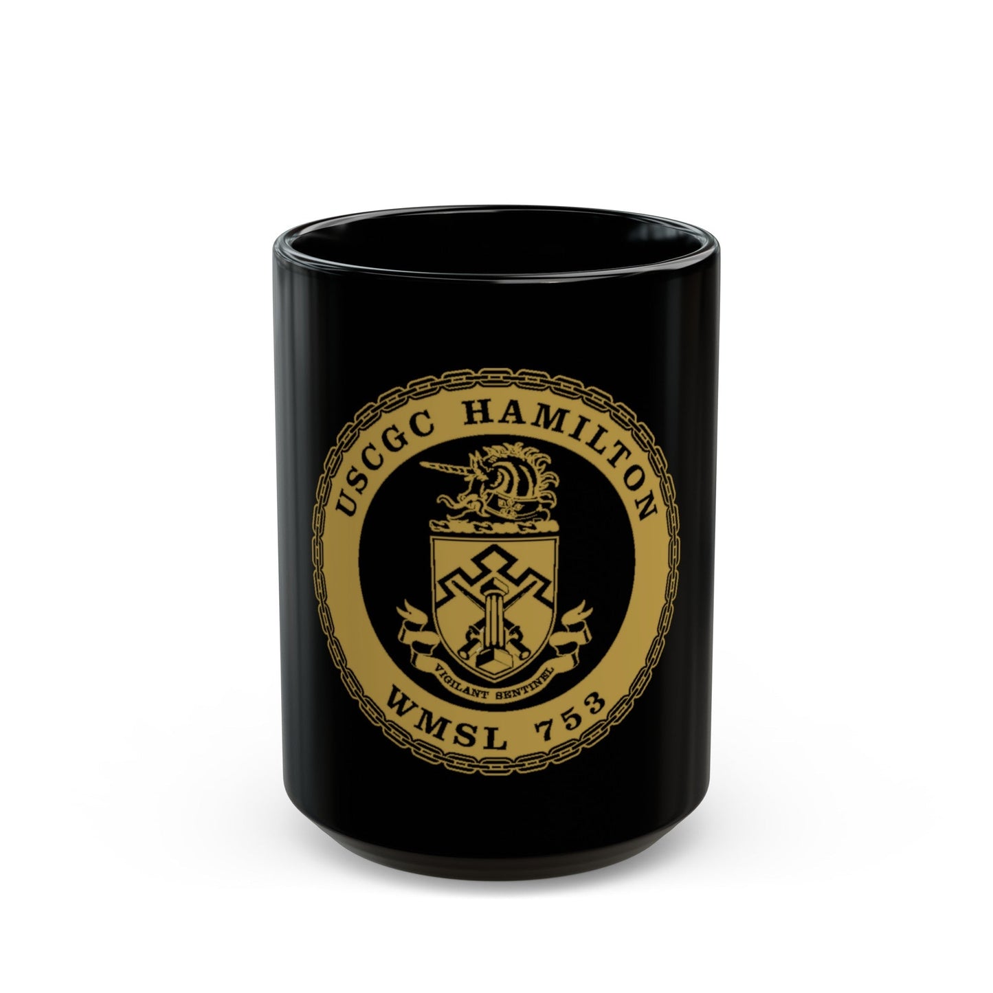 USCGC Hamilton WMSL 753 GOLD (U.S. Coast Guard) Black Coffee Mug-15oz-The Sticker Space