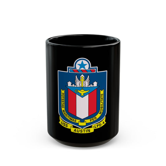 USS Austin LPD 4 Potestas Maritimas Per Mobilitate (U.S. Navy) Black Coffee Mug-15oz-The Sticker Space