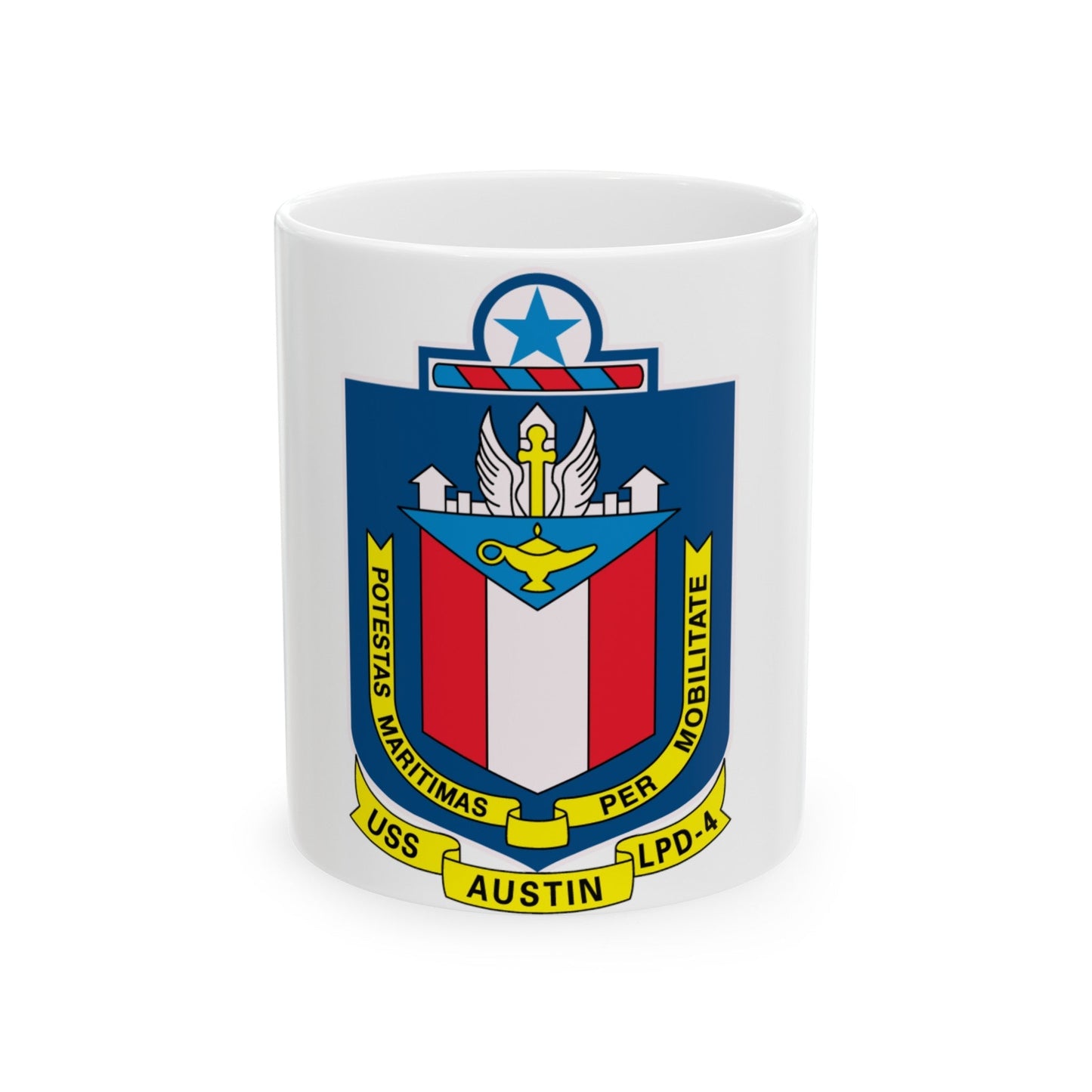 USS Austin LPD 4 Potestas Maritimas Per Mobilitate (U.S. Navy) White Coffee Mug-11oz-The Sticker Space