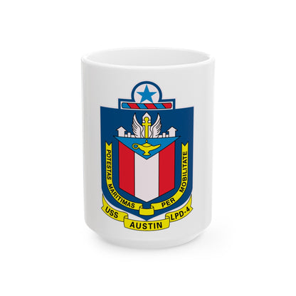 USS Austin LPD 4 Potestas Maritimas Per Mobilitate (U.S. Navy) White Coffee Mug-15oz-The Sticker Space