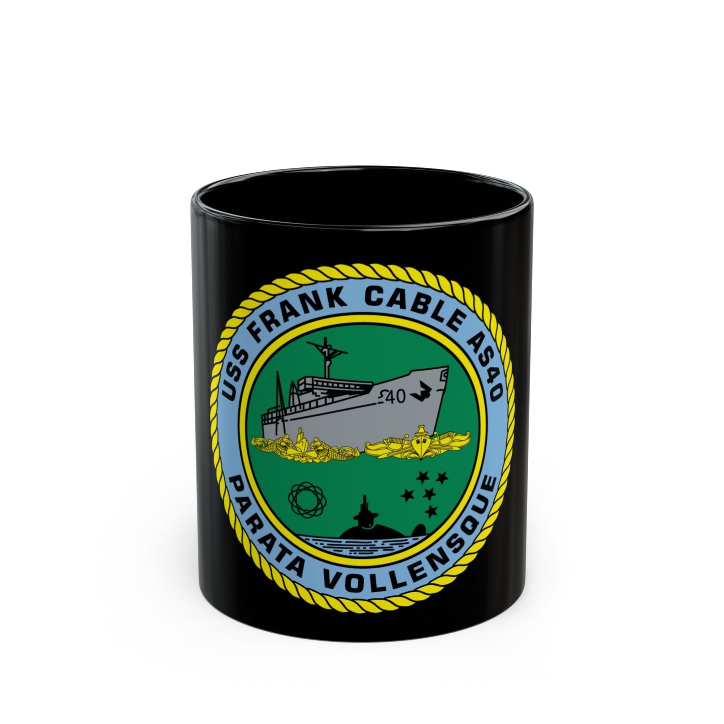 USS Frank Cable AS40 Parata Vollensque (U.S. Navy) Black Coffee Mug-11oz-The Sticker Space