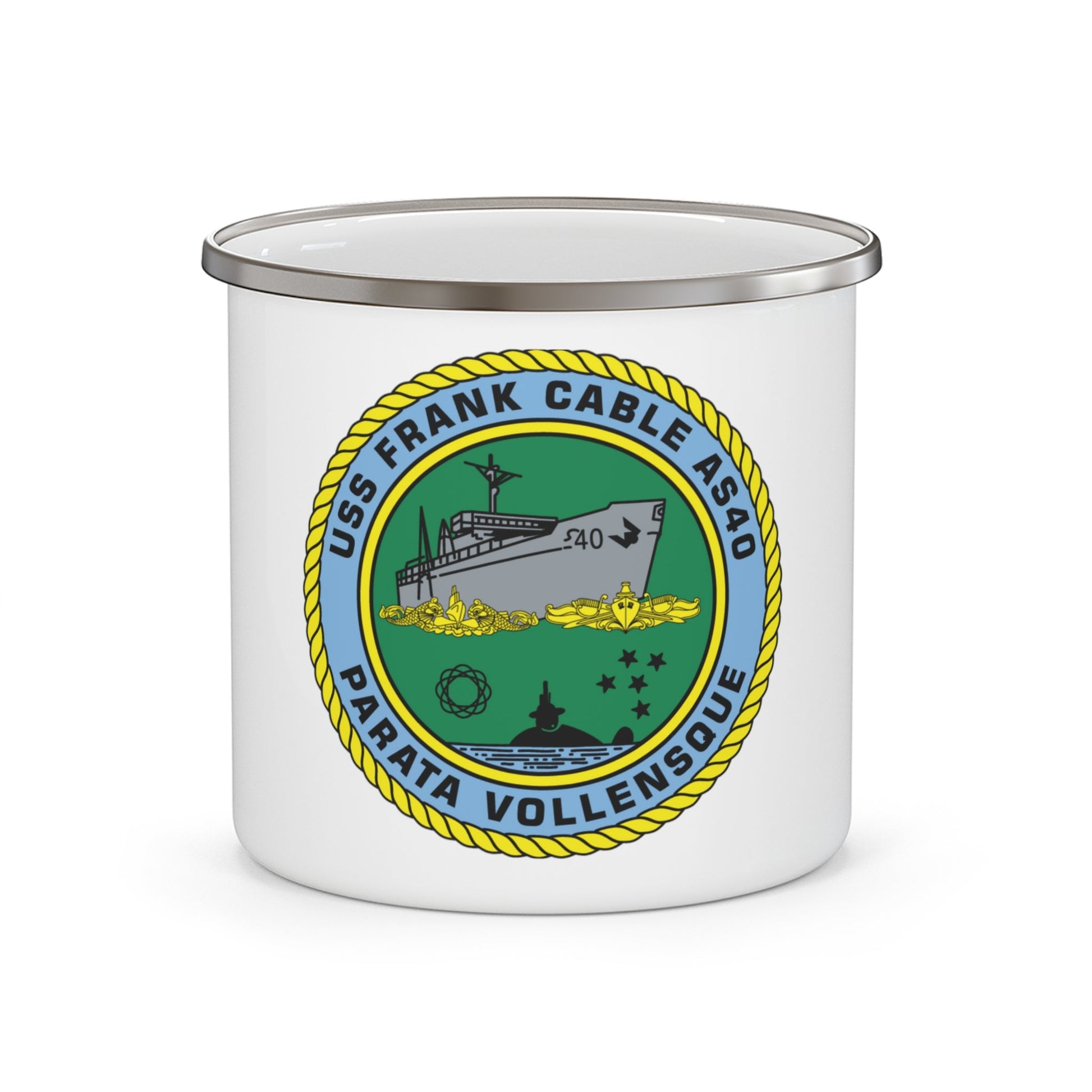 USS Frank Cable AS40 Parata Vollensque (U.S. Navy) Enamel Mug 12oz-12oz-The Sticker Space