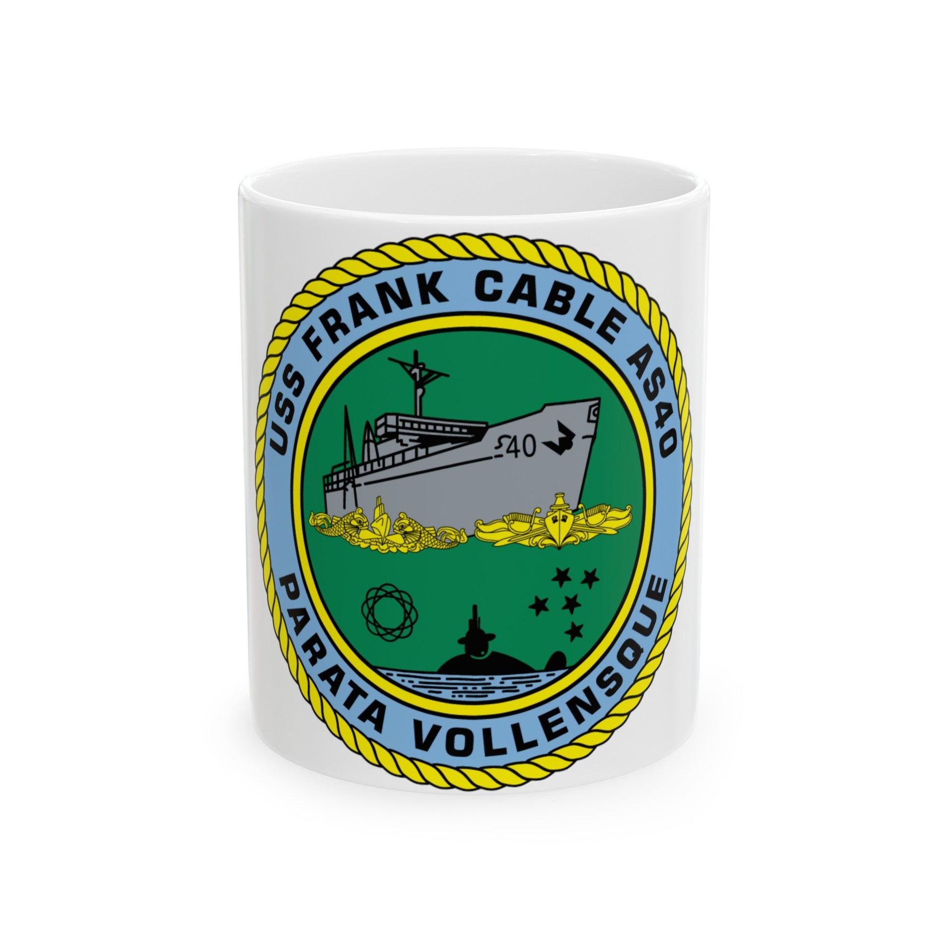 USS Frank Cable AS40 Parata Vollensque (U.S. Navy) White Coffee Mug-11oz-The Sticker Space