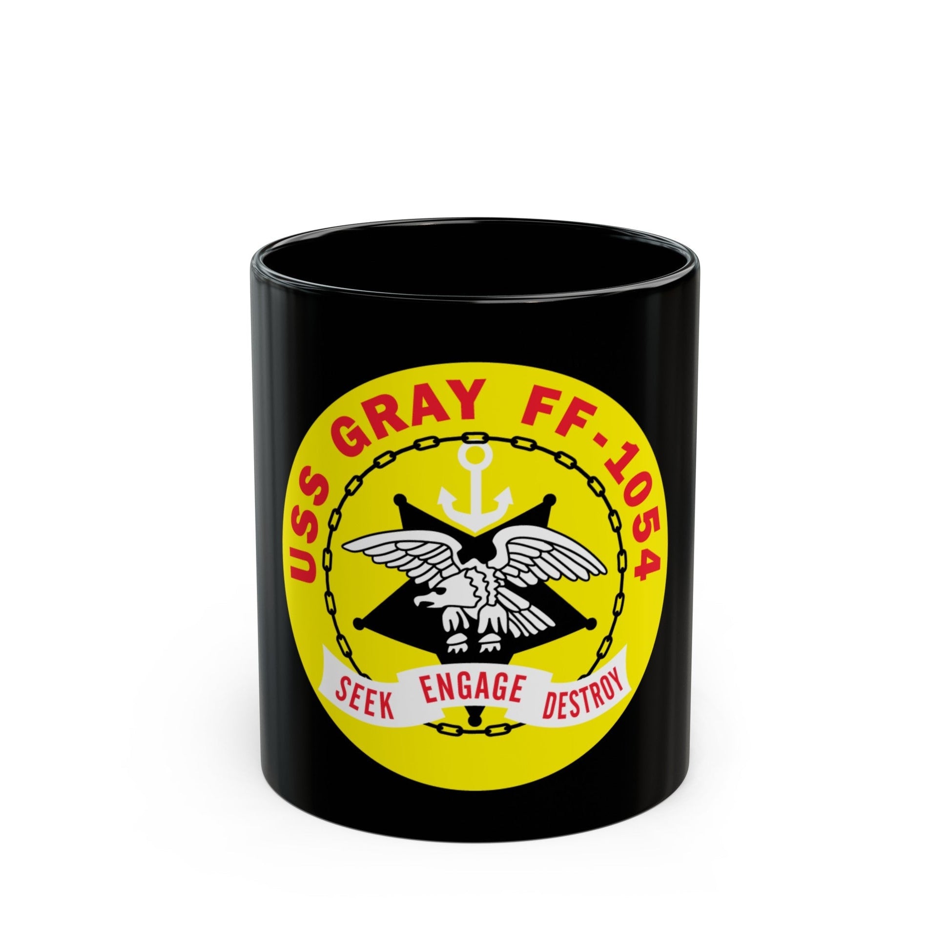 USS Gray FF 1054 Seek Engage Destry (U.S. Navy) Black Coffee Mug-11oz-The Sticker Space