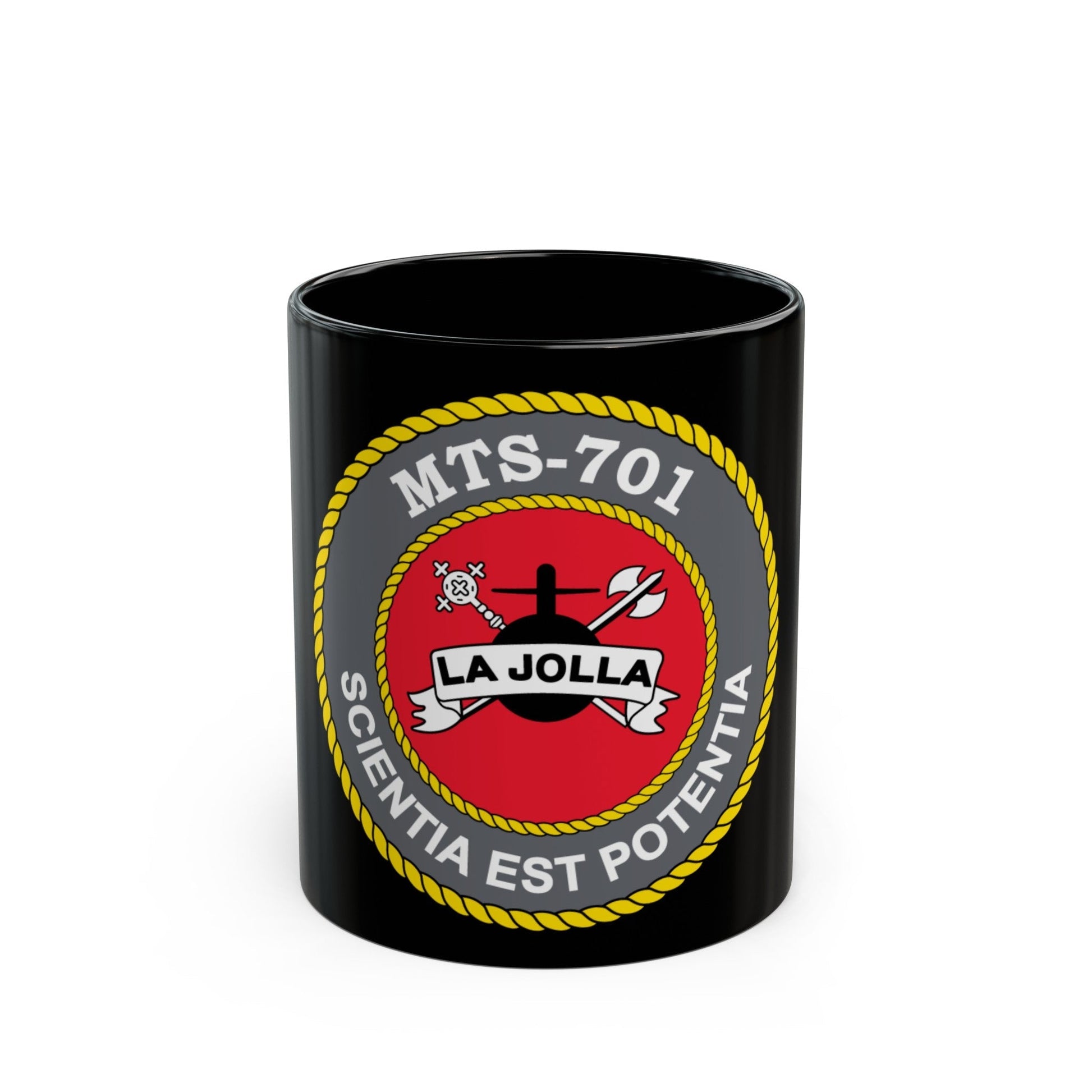 USS LA Jollo MTS 701 (U.S. Navy) Black Coffee Mug-11oz-The Sticker Space