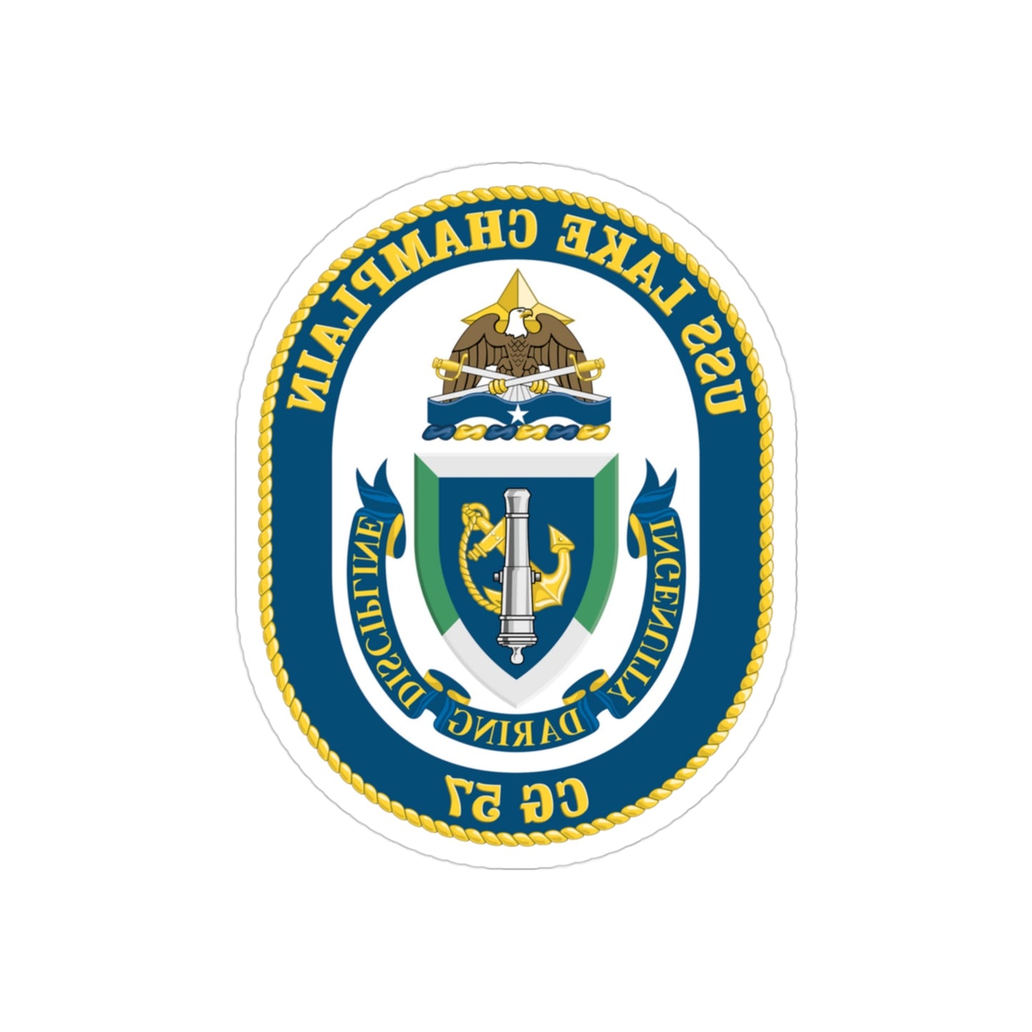 USS Lake Champlan CG 57 Crest (U.S. Navy) REVERSE PRINT Transparent STICKER-3" × 3"-The Sticker Space