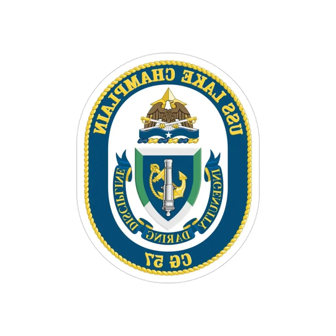 USS Lake Champlan CG 57 Crest (U.S. Navy) REVERSE PRINT Transparent Die-Cut STICKER 3 Inch Die-Cut Transparent - The Sticker Space