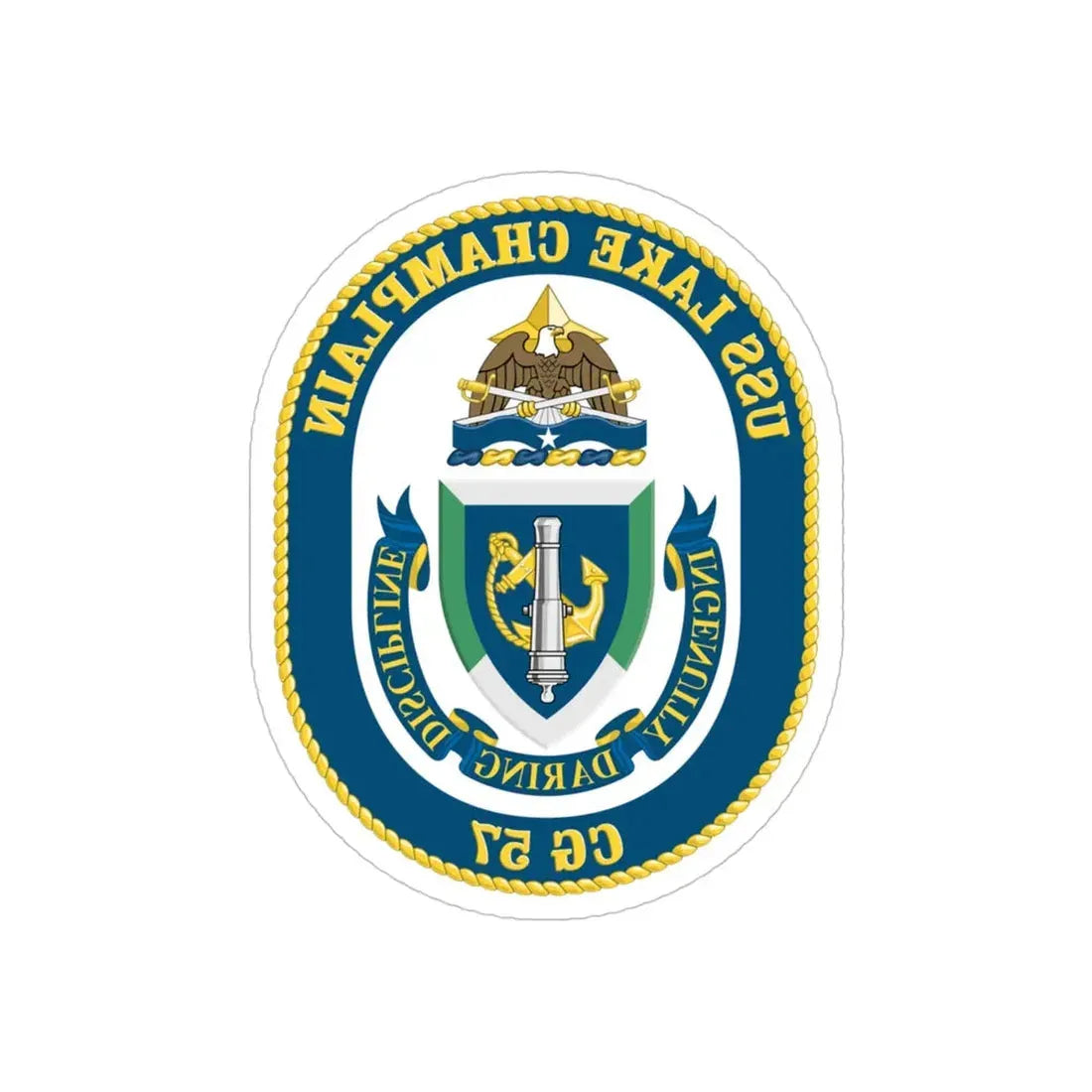 USS Lake Champlan CG 57 Crest (U.S. Navy) REVERSE PRINT Transparent Die-Cut STICKER 4 Inch Die-Cut Transparent - The Sticker Space