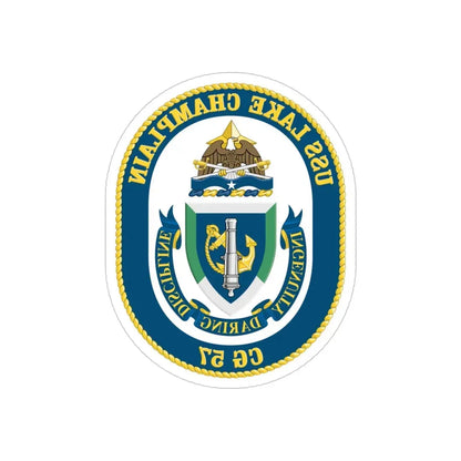 USS Lake Champlan CG 57 Crest (U.S. Navy) REVERSE PRINT Transparent Die-Cut STICKER 4 Inch Die-Cut Transparent - The Sticker Space