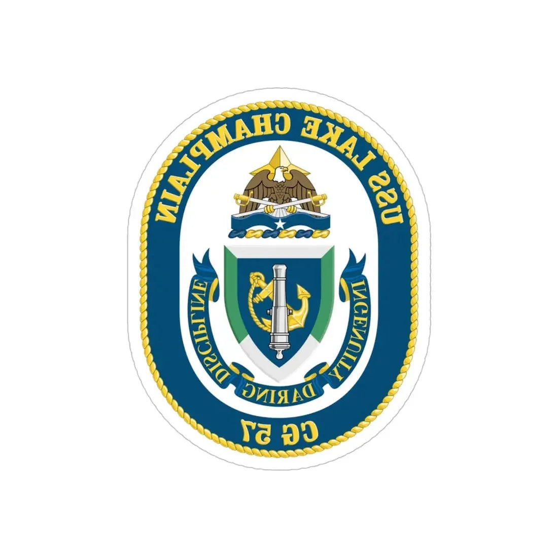 USS Lake Champlan CG 57 Crest (U.S. Navy) REVERSE PRINT Transparent Die-Cut STICKER 5 Inch Die-Cut Transparent - The Sticker Space