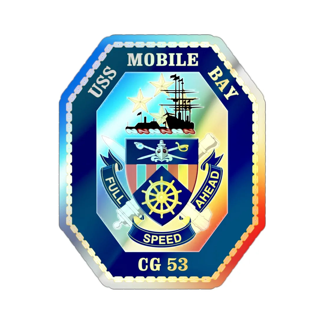 USS Mobile Bay CG 53 Crest (U.S. Navy) Holographic STICKER Die-Cut Vinyl Decal 2 Inch Holographic - The Sticker Space