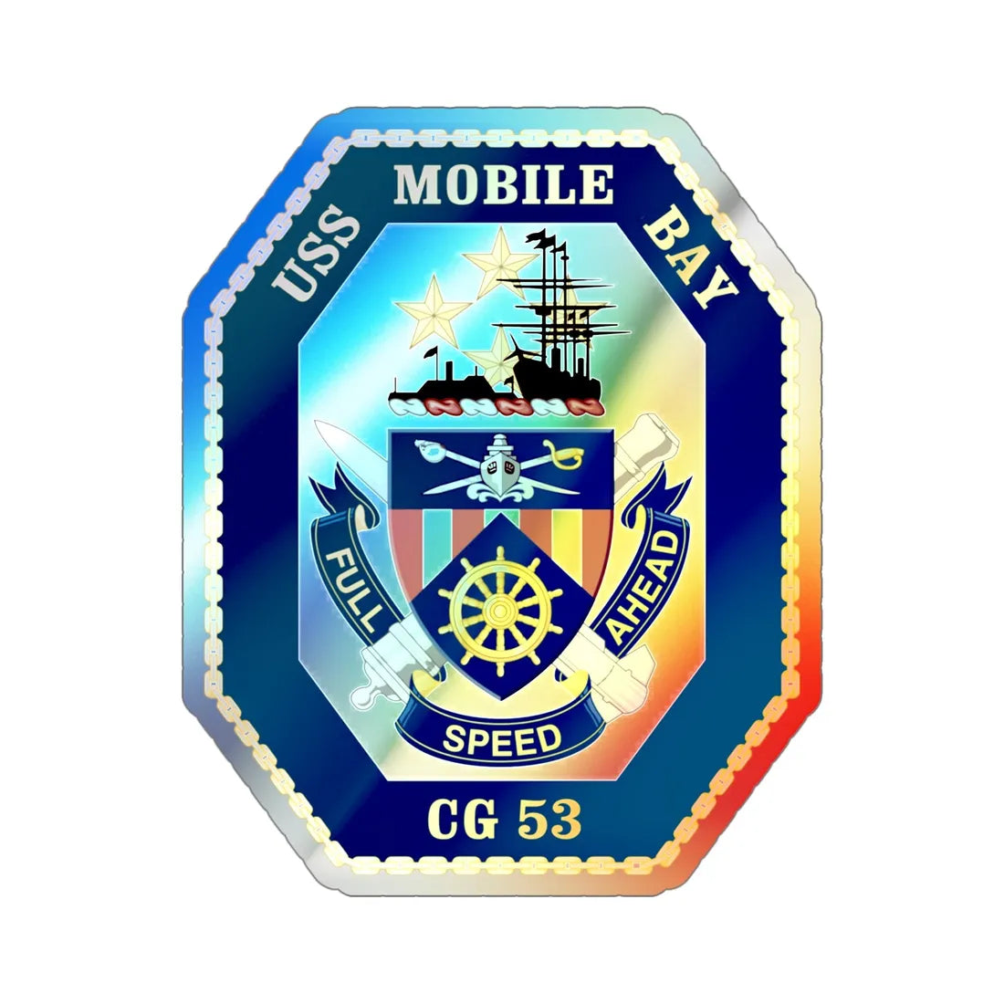 USS Mobile Bay CG 53 Crest (U.S. Navy) Holographic STICKER Die-Cut Vinyl Decal 4 Inch Holographic - The Sticker Space