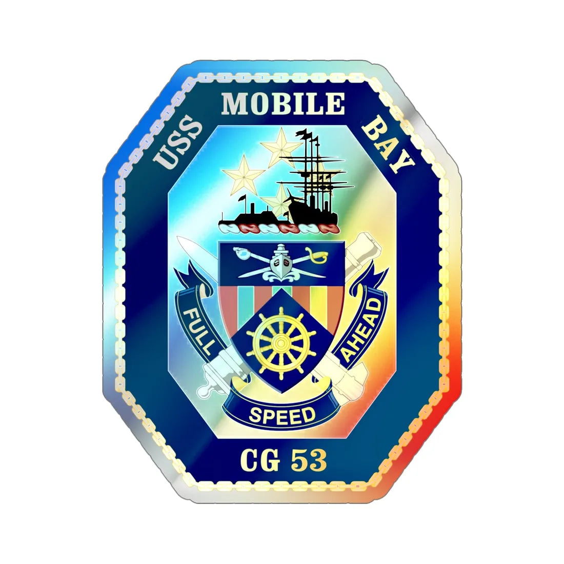 USS Mobile Bay CG 53 Crest (U.S. Navy) Holographic STICKER Die-Cut Vinyl Decal 5 Inch Holographic - The Sticker Space