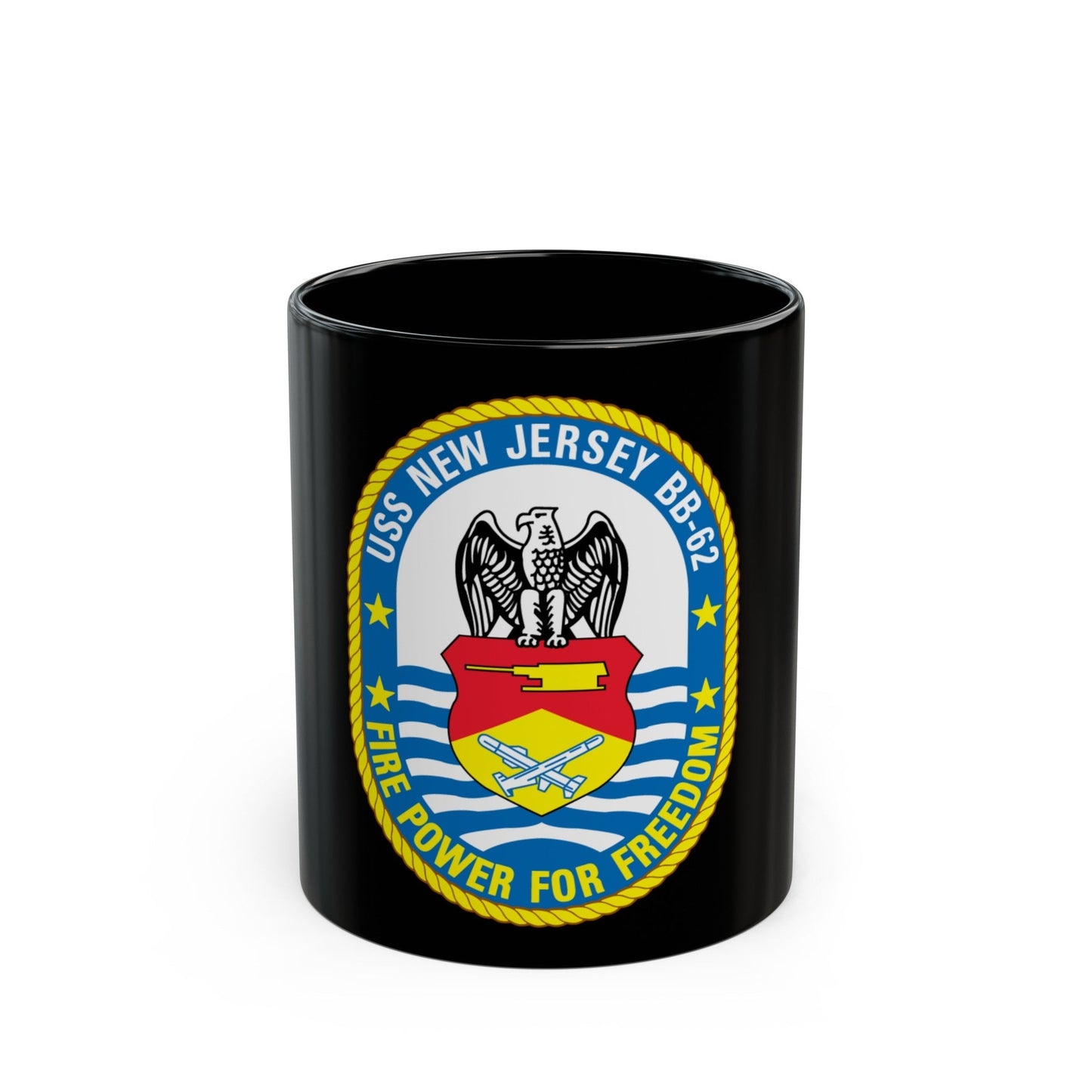 USS New Jersey BB 62 Fire Power For Freedom (U.S. Navy) Black Coffee Mug-11oz-The Sticker Space