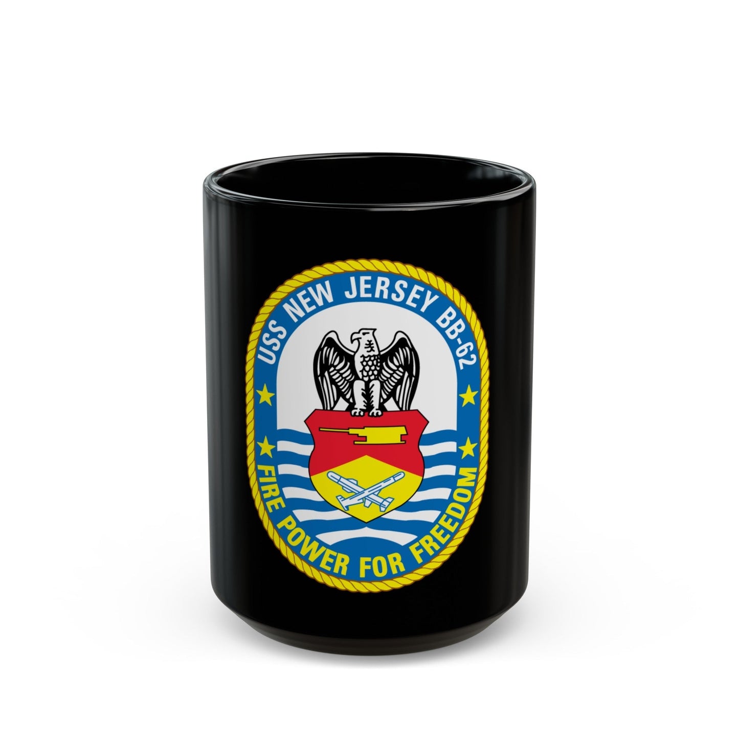 USS New Jersey BB 62 Fire Power For Freedom (U.S. Navy) Black Coffee Mug-15oz-The Sticker Space