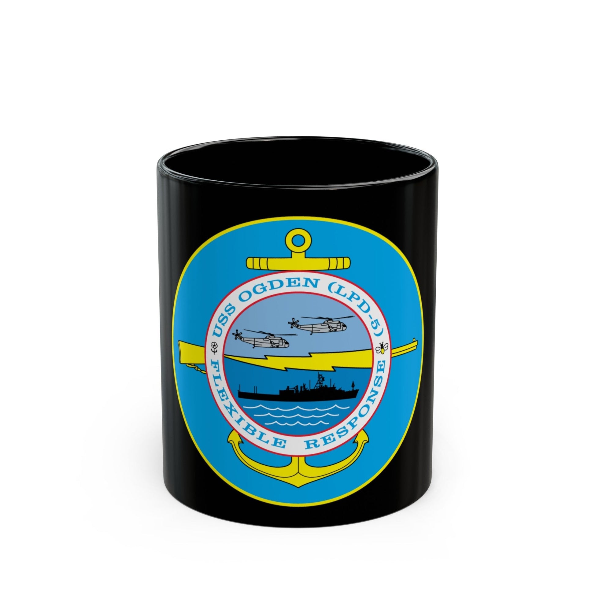 USS OGDEN LPD 5 Flexible Response (U.S. Navy) Black Coffee Mug-11oz-The Sticker Space