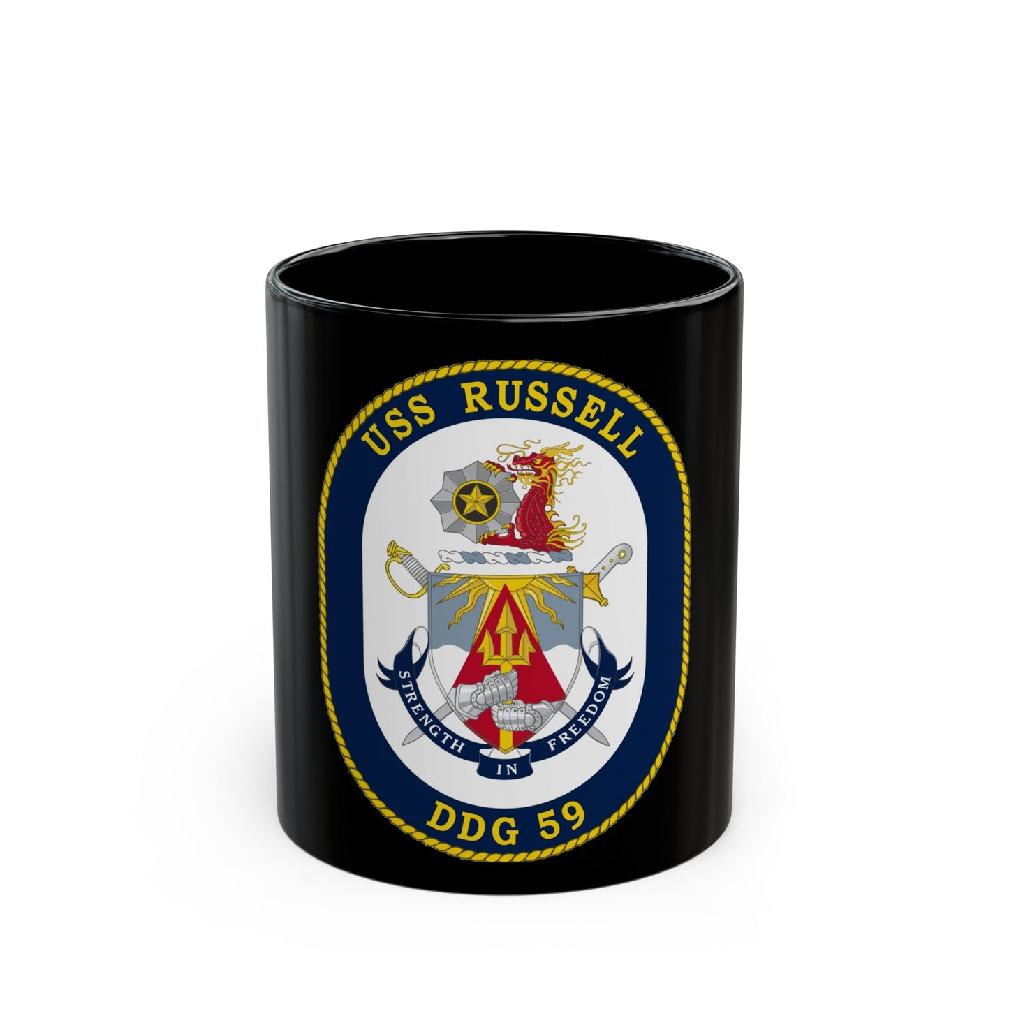 USS Russell DDG 59 Crest (U.S. Navy) Black Coffee Mug-11oz-The Sticker Space