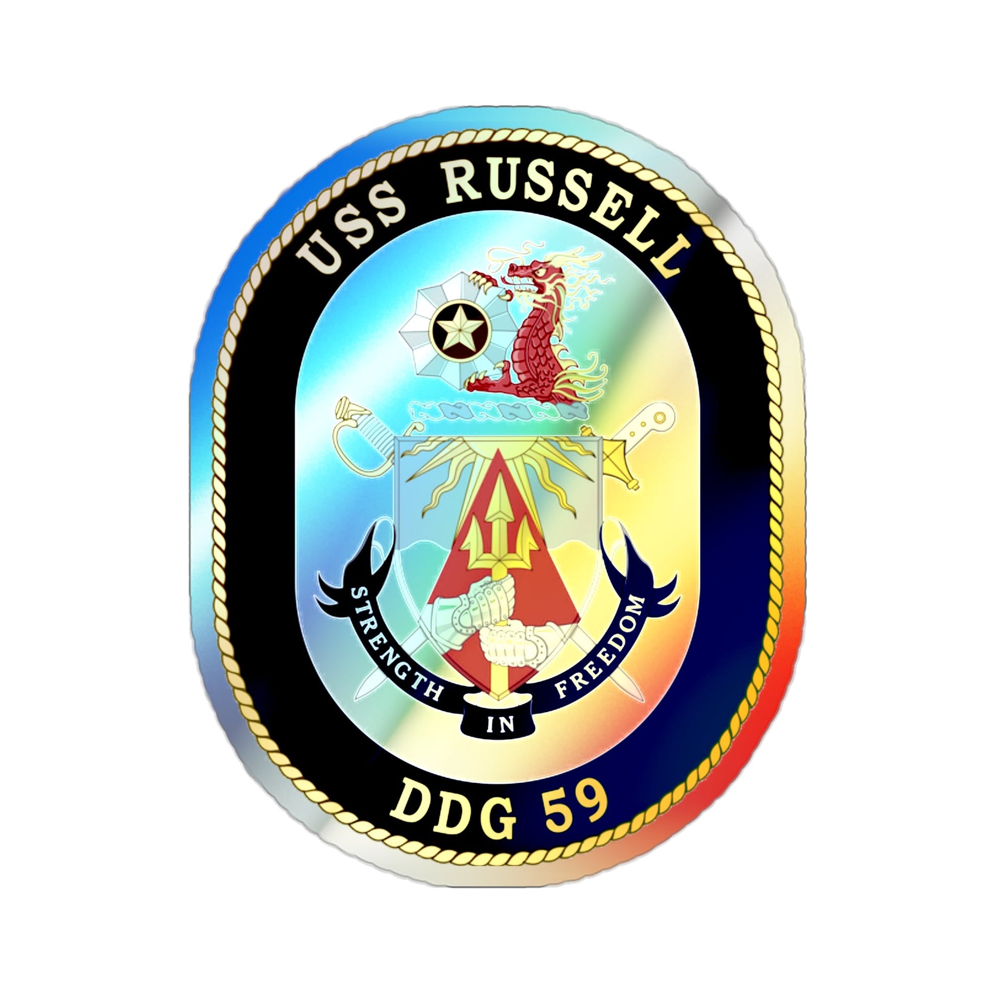 USS Russell DDG 59 Crest (U.S. Navy) Holographic STICKER Die-Cut Vinyl Decal-2 Inch-The Sticker Space
