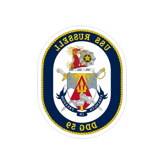 USS Russell DDG 59 Crest (U.S. Navy) REVERSE PRINT Transparent Die-Cut STICKER 2 Inch Die-Cut Transparent - The Sticker Space