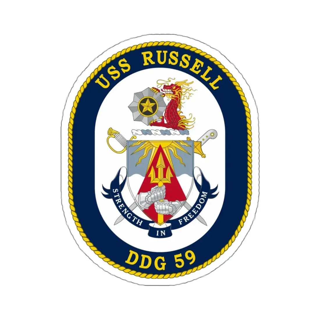 USS Russell DDG 59 Crest (U.S. Navy) STICKER Vinyl Kiss-Cut Decal 4 Inch White - The Sticker Space