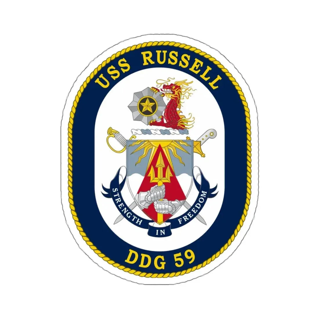 USS Russell DDG 59 Crest (U.S. Navy) STICKER Vinyl Kiss-Cut Decal 6 Inch White - The Sticker Space