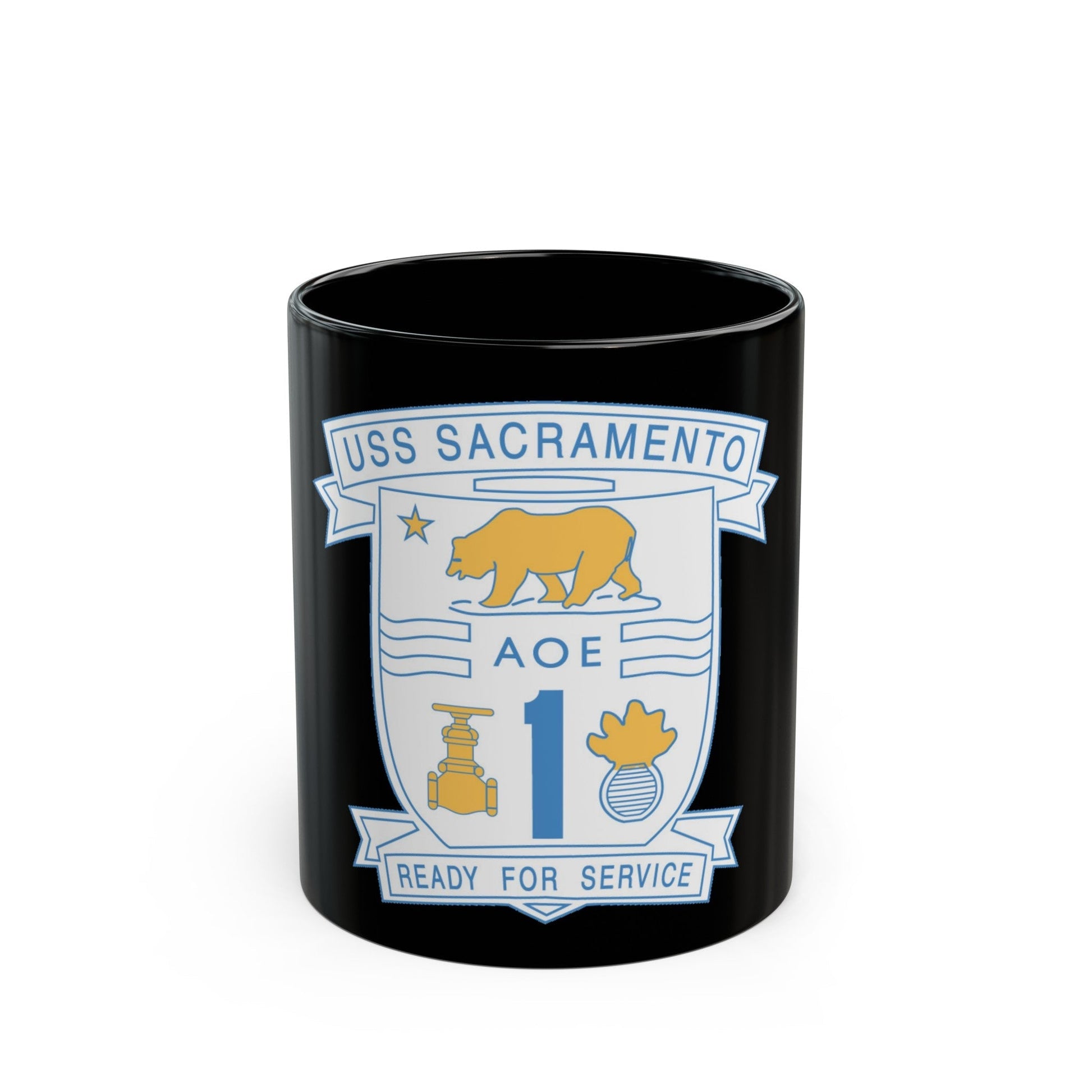 USS Sacramento Ready For Service (U.S. Navy) Black Coffee Mug-11oz-The Sticker Space