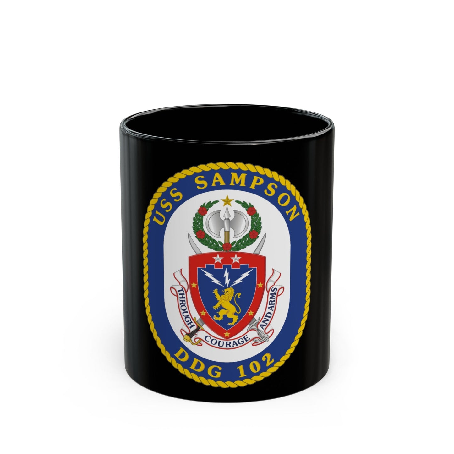 USS Sampson DDG 102 Crest (U.S. Navy) Black Coffee Mug-11oz-The Sticker Space