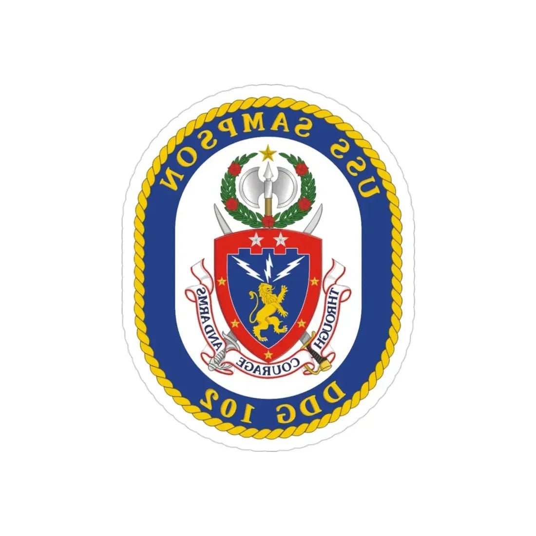 USS Sampson DDG 102 Crest (U.S. Navy) REVERSE PRINT Transparent Die-Cut STICKER 3 Inch Die-Cut Transparent - The Sticker Space