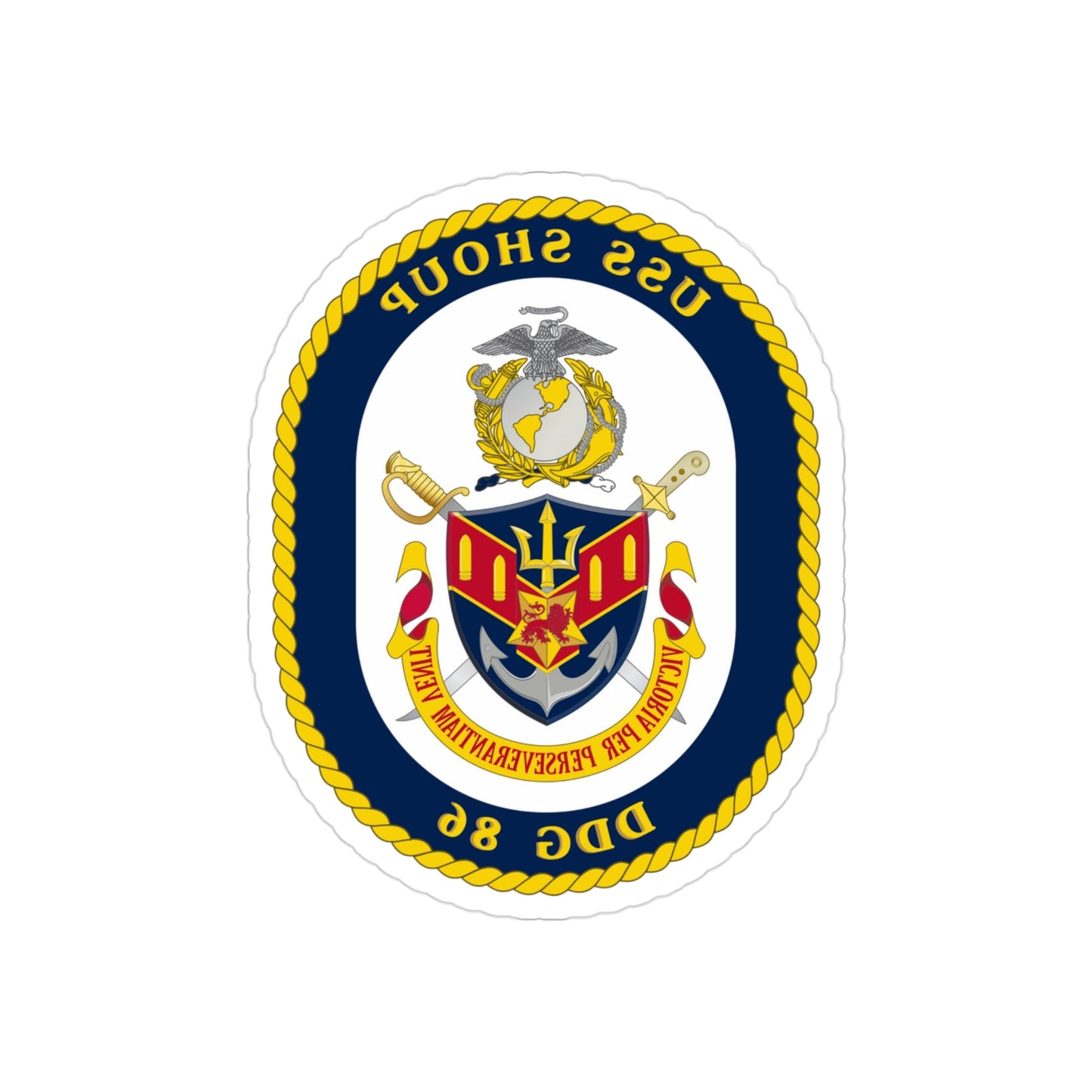 USS Shoup DDG 86 Crest (U.S. Navy) REVERSE PRINT Transparent STICKER-3" × 3"-The Sticker Space