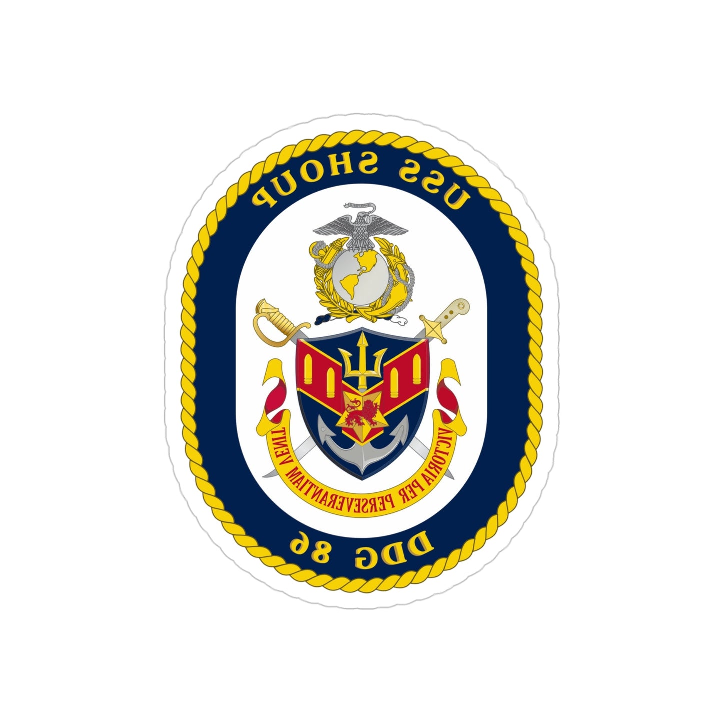 USS Shoup DDG 86 Crest (U.S. Navy) REVERSE PRINT Transparent STICKER-4" × 4"-The Sticker Space