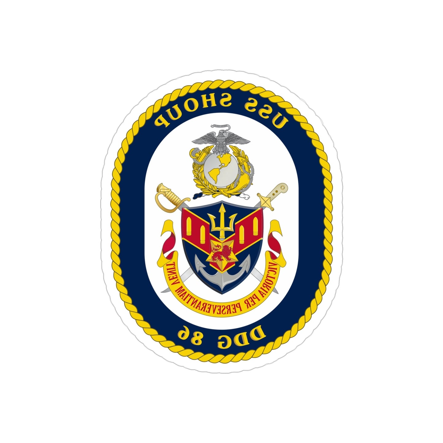 USS Shoup DDG 86 Crest (U.S. Navy) REVERSE PRINT Transparent STICKER-5" × 5"-The Sticker Space