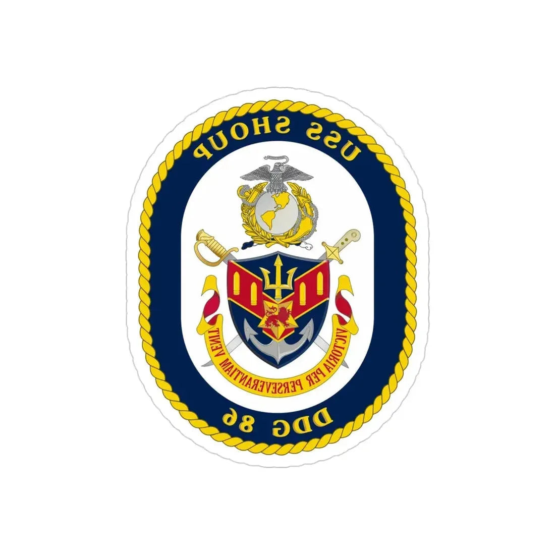 USS Shoup DDG 86 Crest (U.S. Navy) REVERSE PRINT Transparent Die-Cut STICKER 4 Inch Die-Cut Transparent - The Sticker Space