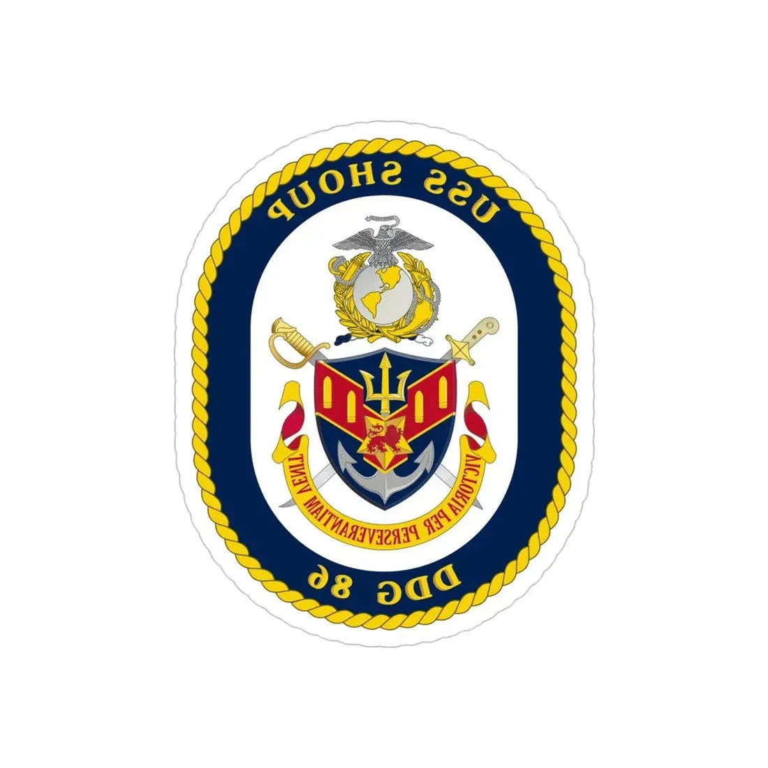 USS Shoup DDG 86 Crest (U.S. Navy) REVERSE PRINT Transparent Die-Cut STICKER 5 Inch Die-Cut Transparent - The Sticker Space