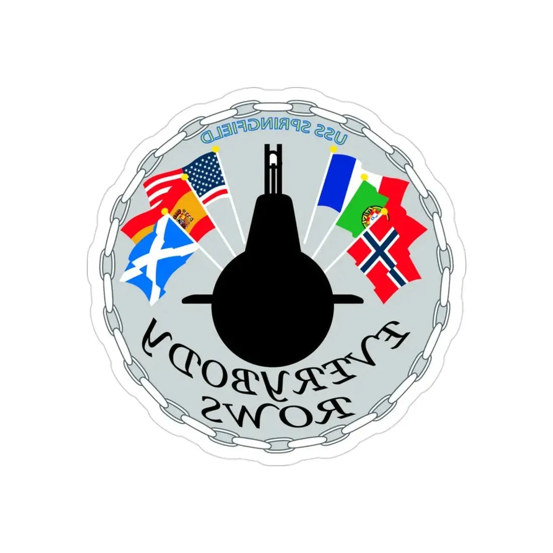 USS Springfield Everybody Rows (U.S. Navy) REVERSE PRINT Transparent Die-Cut STICKER 3 Inch Die-Cut Transparent - The Sticker Space