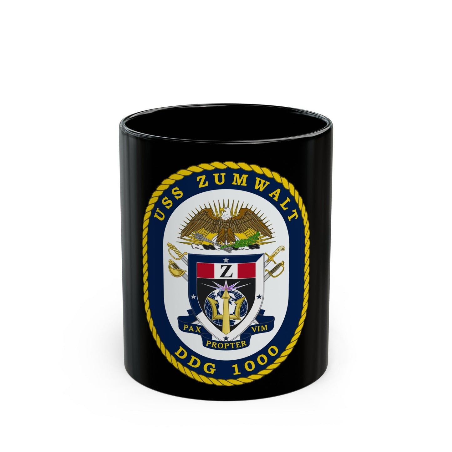 USS Zumwalt DDG 1000 Crest (U.S. Navy) Black Coffee Mug-11oz-The Sticker Space